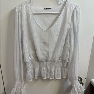 Shinestar White Smocked V-Neck Blouse